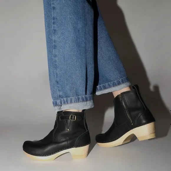 No.6 Leather Clog Buckle Boot 5” Mid Heel in Black