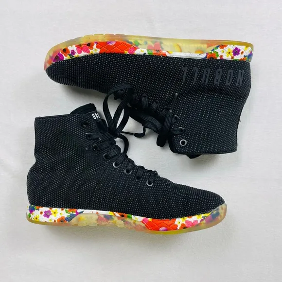 NoBull High Top Trainers Women 9 Black Daisy Floral Sneakers Gym Shoes Athletic
