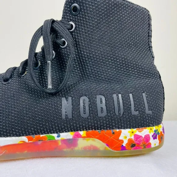NoBull High Top Trainers Women 9 Black Daisy Floral Sneakers Gym Shoes Athletic