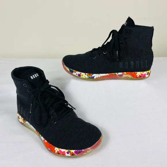 NoBull High Top Trainers Women 9 Black Daisy Floral Sneakers Gym Shoes Athletic