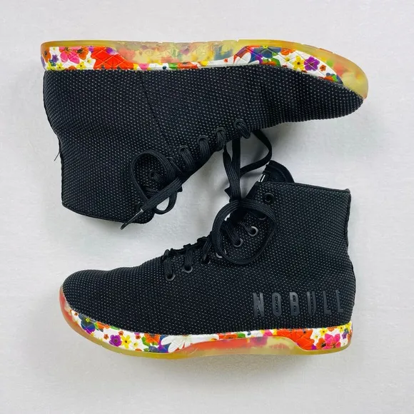 NoBull High Top Trainers Women 9 Black Daisy Floral Sneakers Gym Shoes Athletic
