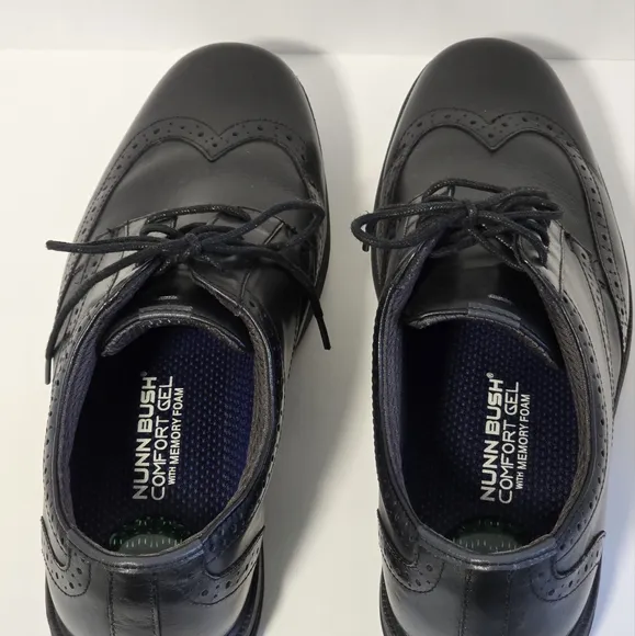 Nunn Bush Mens Comfort Gel Slip Resistant Black Leather Wingtip Oxford Shoes 9.5