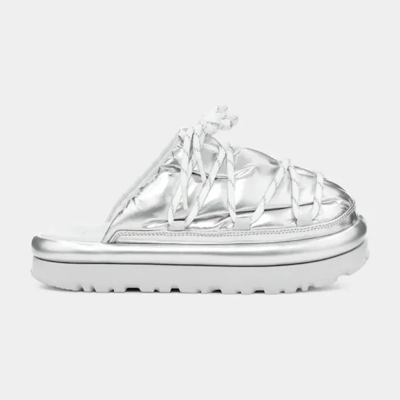 NWOB $120 UGG Spaceslider Hi Shine Tech Slide Slippers Silver Puffy Furry