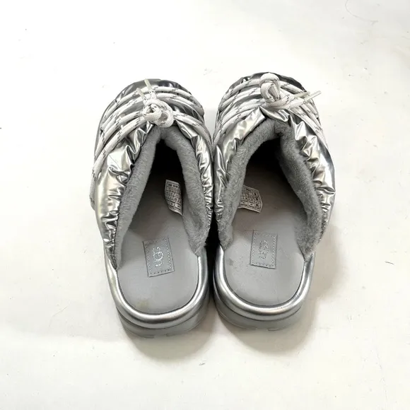 NWOB $120 UGG Spaceslider Hi Shine Tech Slide Slippers Silver Puffy Furry