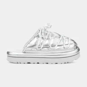 NWOB $120 UGG Spaceslider Hi Shine Tech Slide Slippers Silver Puffy Furry