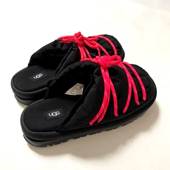 NWOB $120 UGG Spaceslider Tech Slide Slippers Black 1143951 Puffy Furry