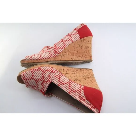 Nwob Toms Scarlett Cross Stitch Peep Toe Wedge Shoes Cork Heel Womens Sz 9.5