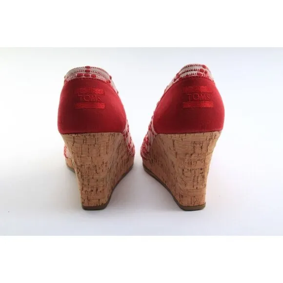 Nwob Toms Scarlett Cross Stitch Peep Toe Wedge Shoes Cork Heel Womens Sz 9.5