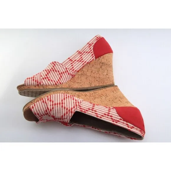 Nwob Toms Scarlett Cross Stitch Peep Toe Wedge Shoes Cork Heel Womens Sz 9.5