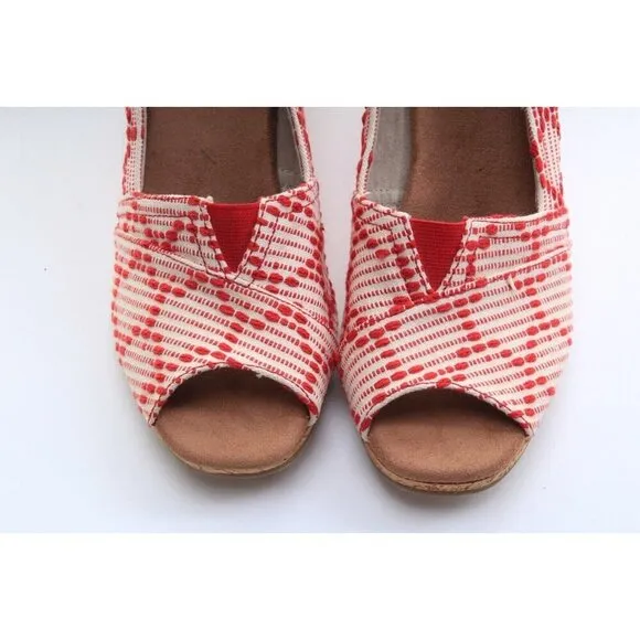Nwob Toms Scarlett Cross Stitch Peep Toe Wedge Shoes Cork Heel Womens Sz 9.5