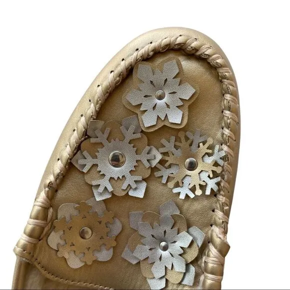 NWOB Lands' End Snowflake Fur Lined Faux Leather Moccasin Slipper, Size 8