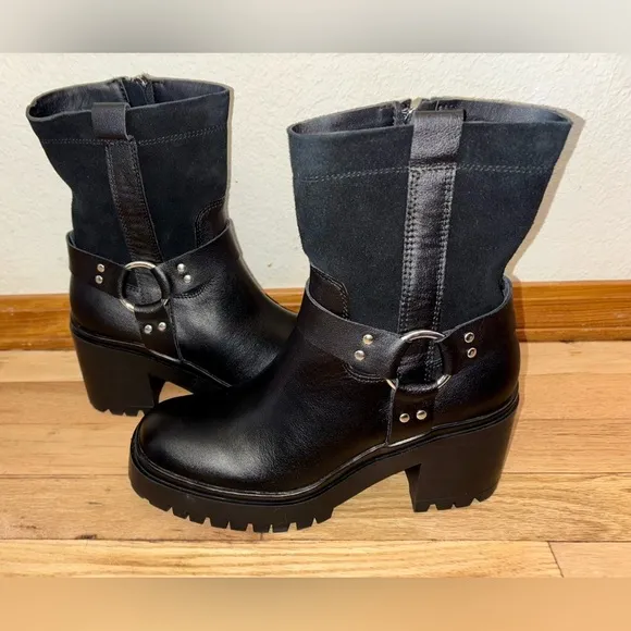 NWOT Blondo Women's 7.5 Rebel Black Waterproof Leather &amp; Suede Moto Ankle Boot