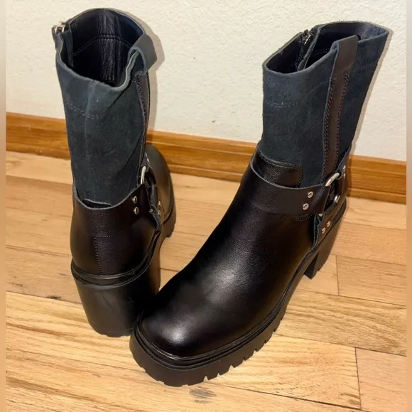 NWOT Blondo Women's 7.5 Rebel Black Waterproof Leather &amp; Suede Moto Ankle Boot