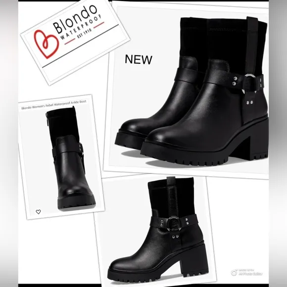 NWOT Blondo Women's 7.5 Rebel Black Waterproof Leather &amp; Suede Moto Ankle Boot
