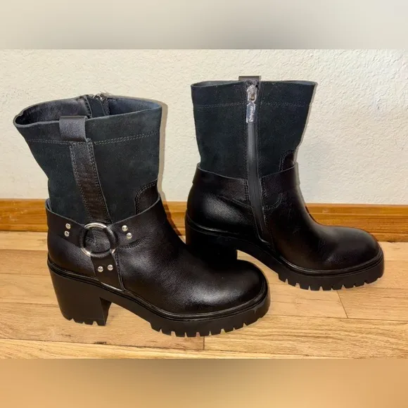 NWOT Blondo Women's 7.5 Rebel Black Waterproof Leather &amp; Suede Moto Ankle Boot