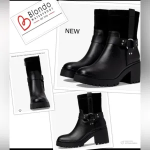 NWOT Blondo Women's 7.5 Rebel Black Waterproof Leather &amp; Suede Moto Ankle Boot