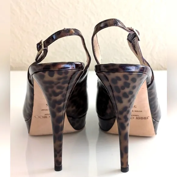 NWOT JIMMY CHOO CHEETAH PRINT  BROWN PATENT LEATHER PEEP TOE STILE