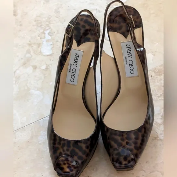NWOT JIMMY CHOO CHEETAH PRINT  BROWN PATENT LEATHER PEEP TOE STILE