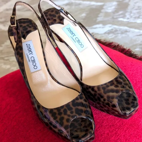 NWOT JIMMY CHOO CHEETAH PRINT  BROWN PATENT LEATHER PEEP TOE STILE