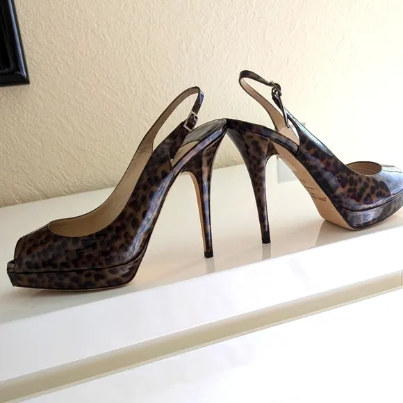 NWOT JIMMY CHOO CHEETAH PRINT  BROWN PATENT LEATHER PEEP TOE STILE