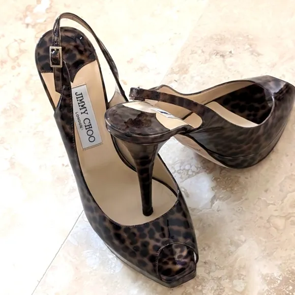 NWOT JIMMY CHOO CHEETAH PRINT  BROWN PATENT LEATHER PEEP TOE STILE