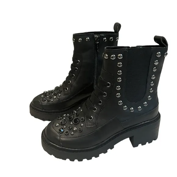 NWOT, KARL LAGERFELD Breck Boot, black silver studded, Sz 6