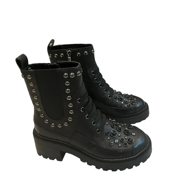 NWOT, KARL LAGERFELD Breck Boot, black silver studded, Sz 6