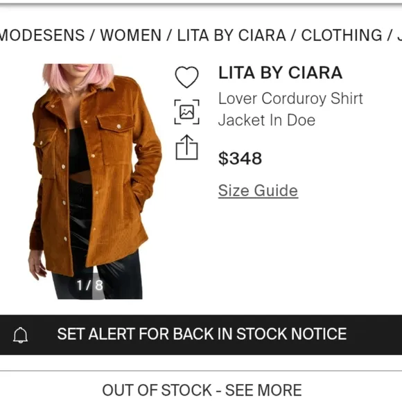 NWOT Lita by Ciara/Revolve NWT Lover Corduroy Shirt Jacket in Doe MSRP $348