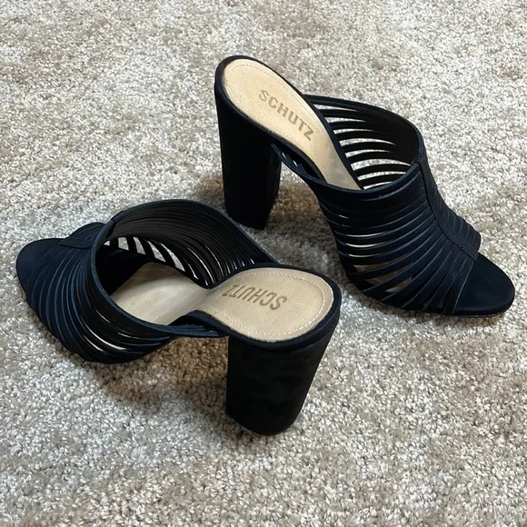 NWT 7.5/8 SCHUTZ  black suede strappy 4” chunky heel strappy Veronika nubuck NIB