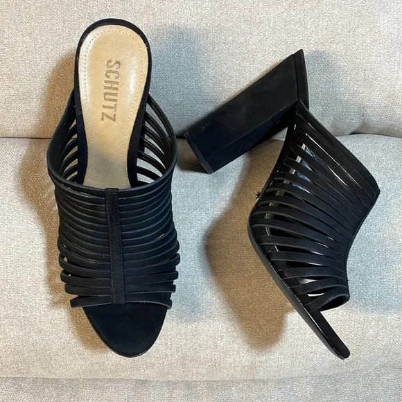 NWT 7.5/8 SCHUTZ  black suede strappy 4” chunky heel strappy Veronika nubuck NIB