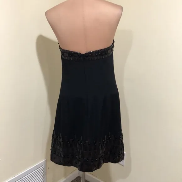 NWT Badgley Mischka Dress Size 6 Black Silk Brown Leather Patchwork Beaded