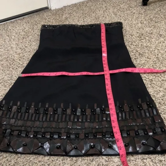 NWT Badgley Mischka Dress Size 6 Black Silk Brown Leather Patchwork Beaded