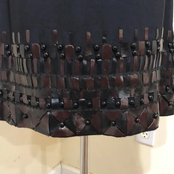 NWT Badgley Mischka Dress Size 6 Black Silk Brown Leather Patchwork Beaded