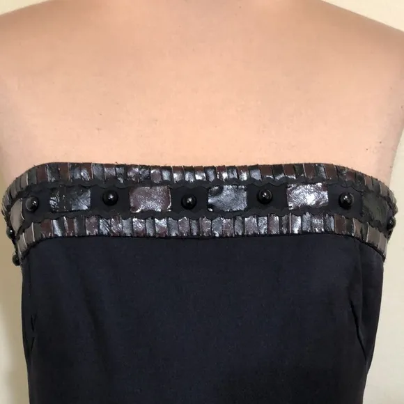 NWT Badgley Mischka Dress Size 6 Black Silk Brown Leather Patchwork Beaded