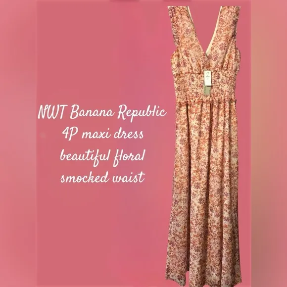 NWT Banana Republic 4P floral, smocked waist maxi dress, lined with double slits