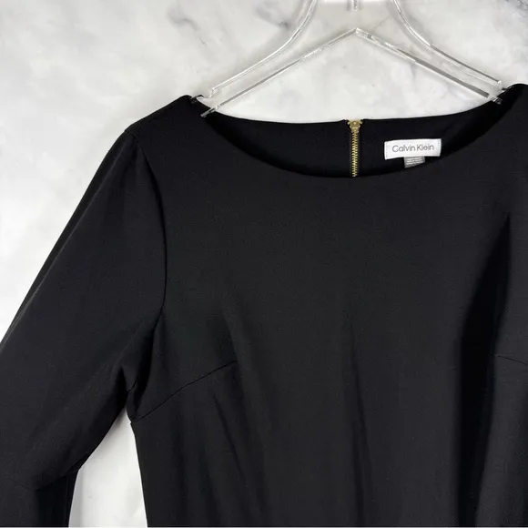 NWT Calvin Klein Bell Sleeve Knee Length Sheath Dress Minimalist Chic Black 14