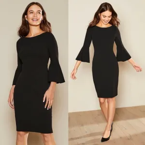 NWT Calvin Klein Bell Sleeve Knee Length Sheath Dress Minimalist Chic Black 14