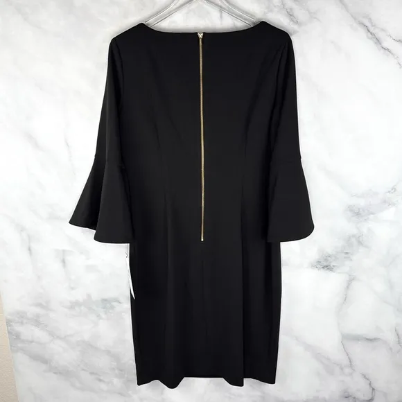 NWT Calvin Klein Bell Sleeve Knee Length Sheath Dress Minimalist Chic Black 14