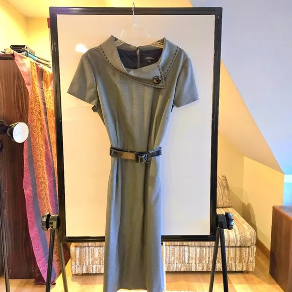 NWT, Charcoal Grey Tahari Sheath Dress, Unique Collar, Belted, Size 16