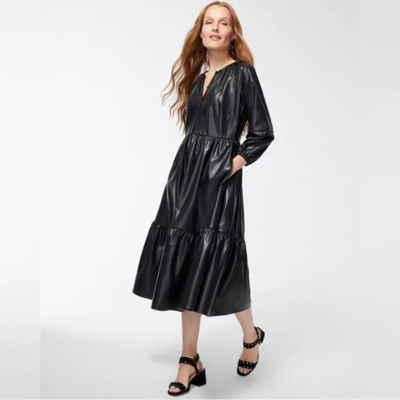 NWT Chico’s Pleather Faux Leather Tiered Midi Dress Black Size 8 Medium