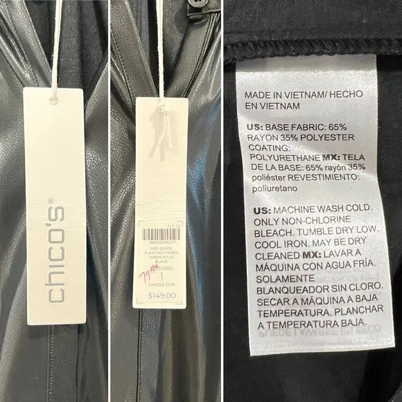 NWT Chico’s Pleather Faux Leather Tiered Midi Dress Black Size 8 Medium