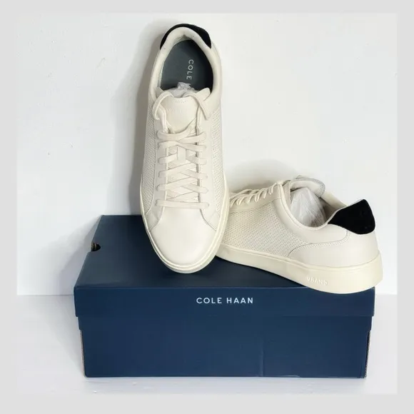 NWT Cole Haan Mens Grand Cross Court Sneakers Perforated Leather Ivory Black 11