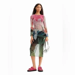 NWT Desigual Slim Fantasy Tulle Midi Dress in Multicolor Size Medium.