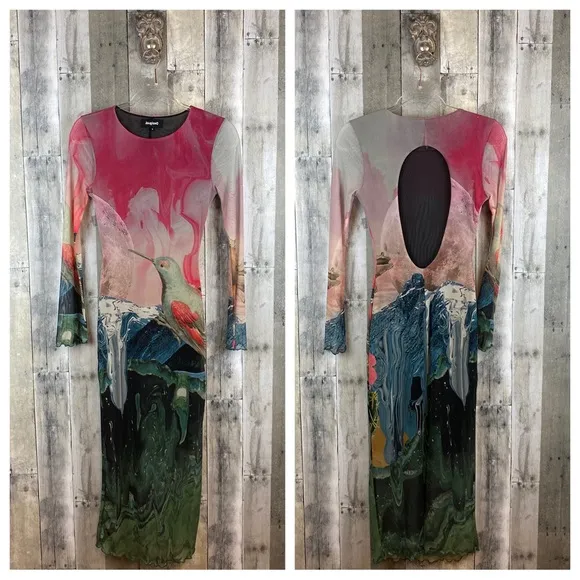 NWT Desigual Slim Fantasy Tulle Midi Dress in Multicolor Size Medium.