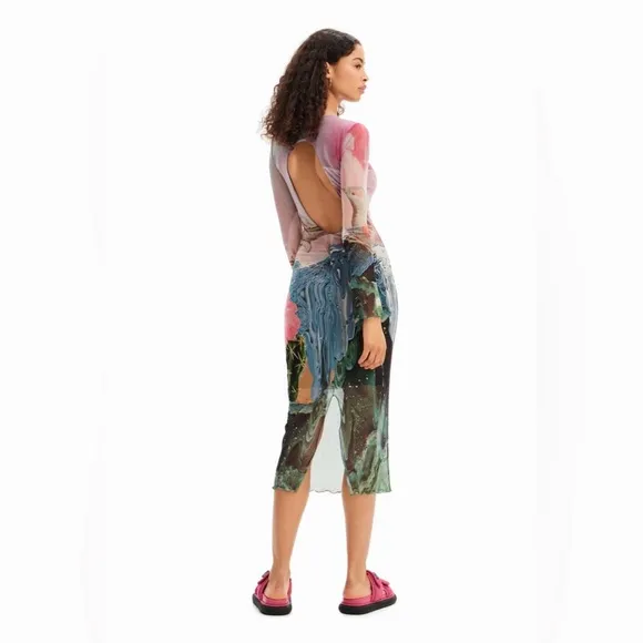 NWT Desigual Slim Fantasy Tulle Midi Dress in Multicolor Size Medium.
