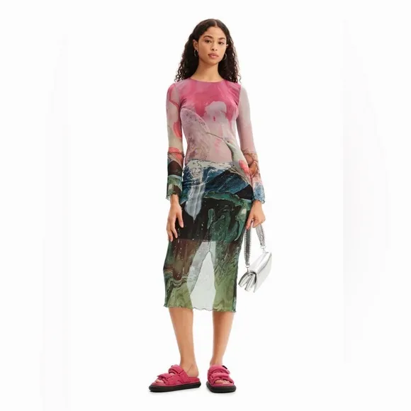 NWT Desigual Slim Fantasy Tulle Midi Dress in Multicolor Size Medium.