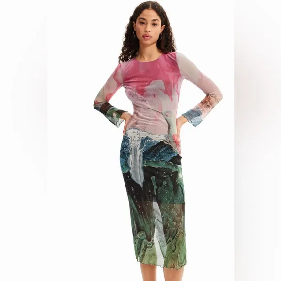 NWT Desigual Slim Fantasy Tulle Midi Dress in Multicolor Size Medium.