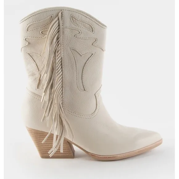 NWT Dolce Vita Liona Ivory Fringe Leather Heeled Cowboy Boots - 7.5