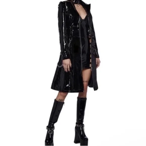 NWT Dolls Kill Widow Temptress Triumph Black Faux Patent PU Trench Coat XS