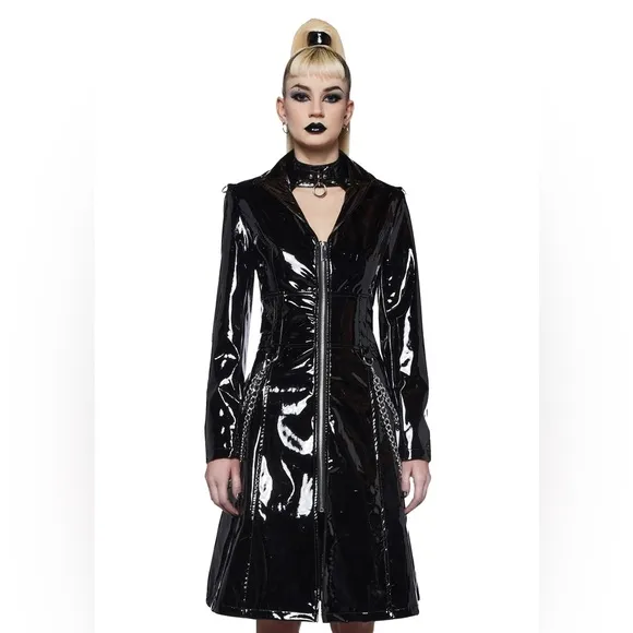 NWT Dolls Kill Widow Temptress Triumph Black Faux Patent PU Trench Coat XS